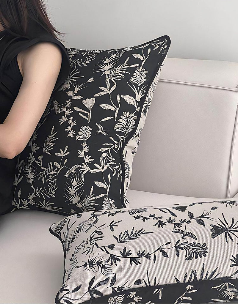 Black & Ivory Botanical Jacquard Cushion Covers, styled at home