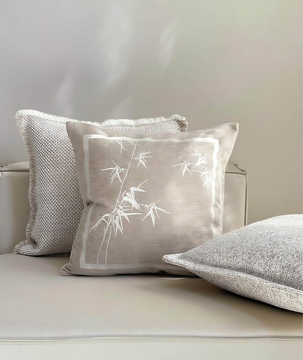 Taupe & Ivory Bamboo Embroidery Cushion Covers, styled at home