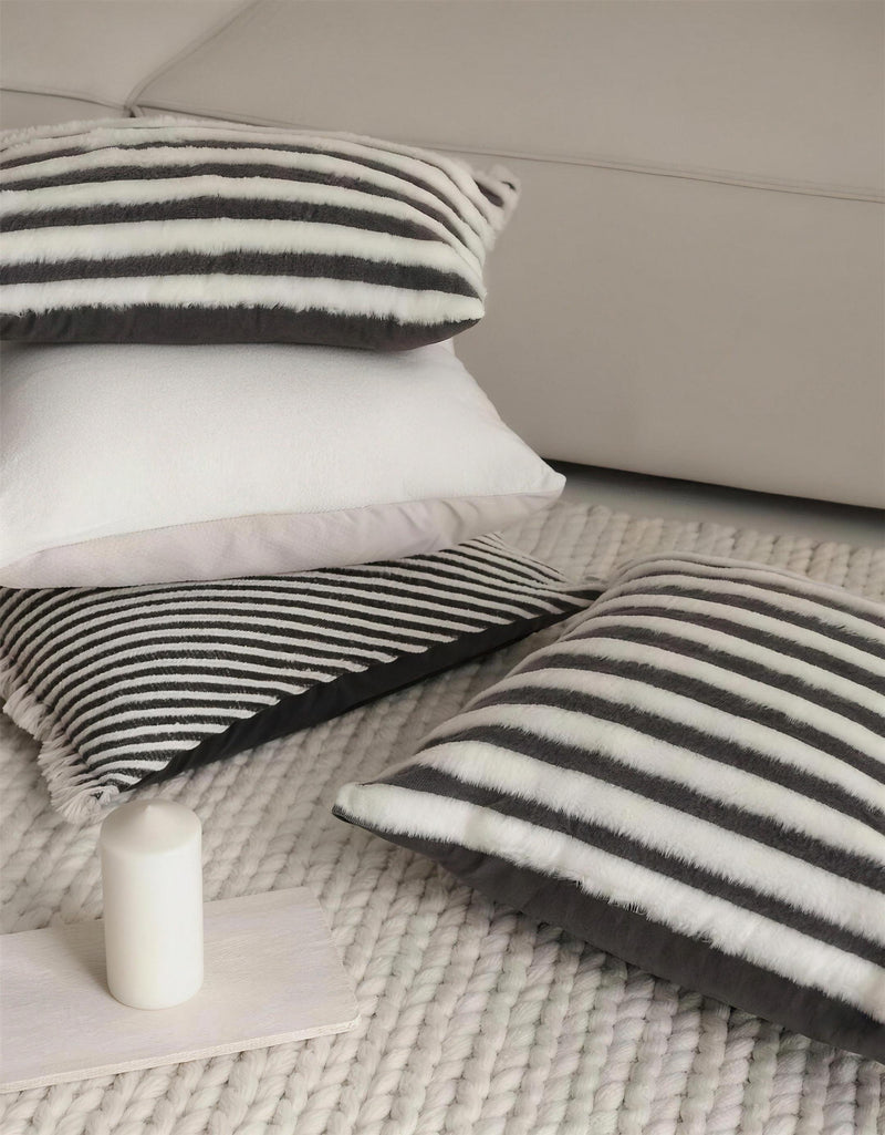 Grey & Ivory Stripe Faux Fur Cushion Covers, styled at home