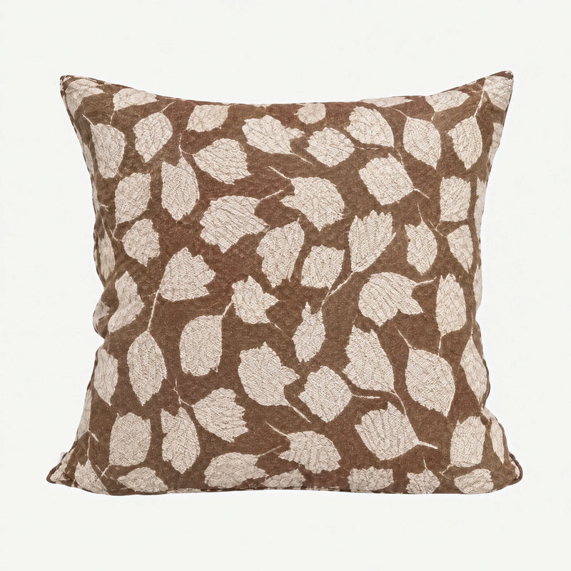 Brown & Ivory Leaf Jacquard cushion cover, square size with ivory leaves on brown, front-on studio shot