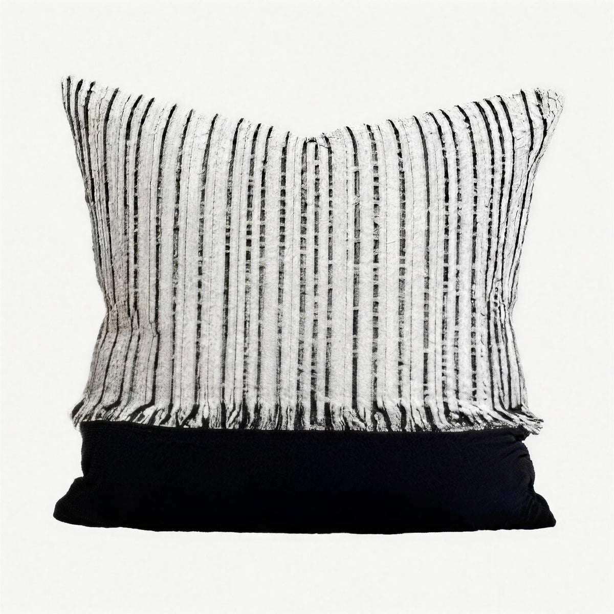 Ivory & Black Stripe Woven Tassel Viscose Linen Cushion Covers