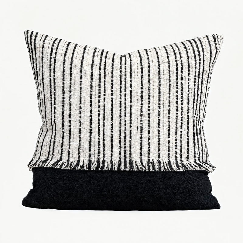 Ivory & Black Stripe Woven Fringed square cushion cover with a frayed stripe top and black band