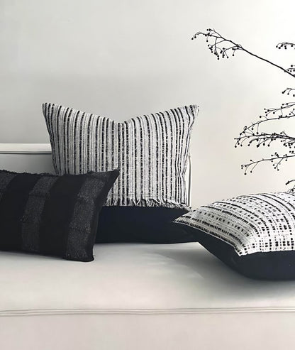Ivory & Black Stripe Woven Tassel Viscose Linen Cushion Covers, styled at home