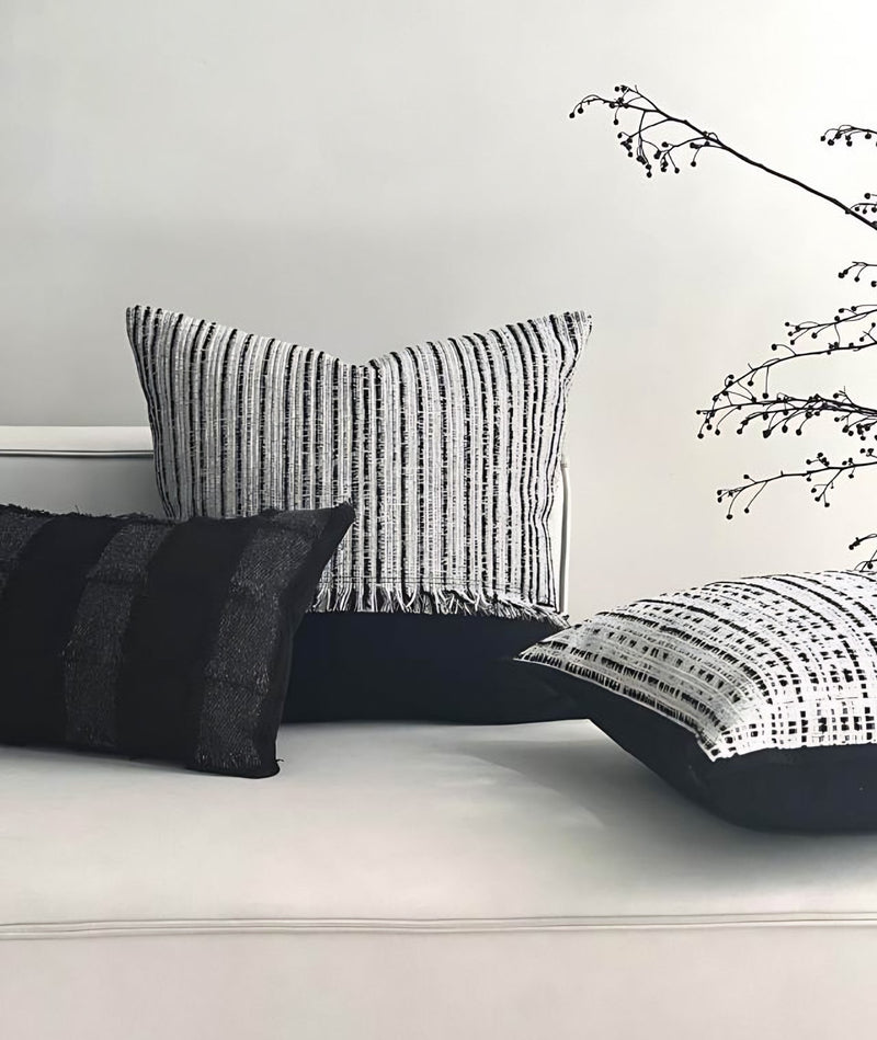 Ivory & Black Stripe Woven Tassel Viscose Linen Cushion Covers, styled at home