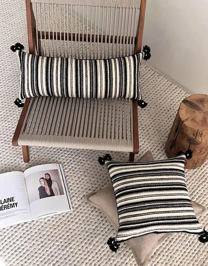 Black & Ivory Stripe Tassel Cushion Covers, styled at home