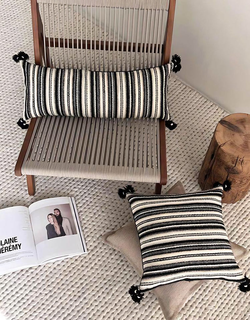 Black & Ivory Stripe Tassel Cushion Covers, styled at home