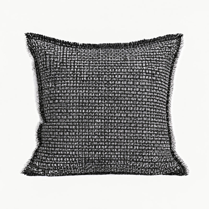 Charcoal Fringed Jacquard Tassel cushion cover, square cover with basketweave pattern and fringed edges