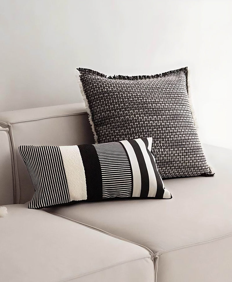 Charcoal Fringed Jacquard Tassel Cushion Covers, styled at home