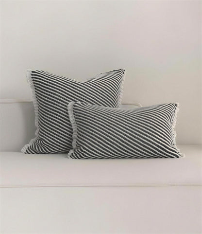 Black & Ivory Stripe Twill Weave Wool Cushion Covers, styled at home