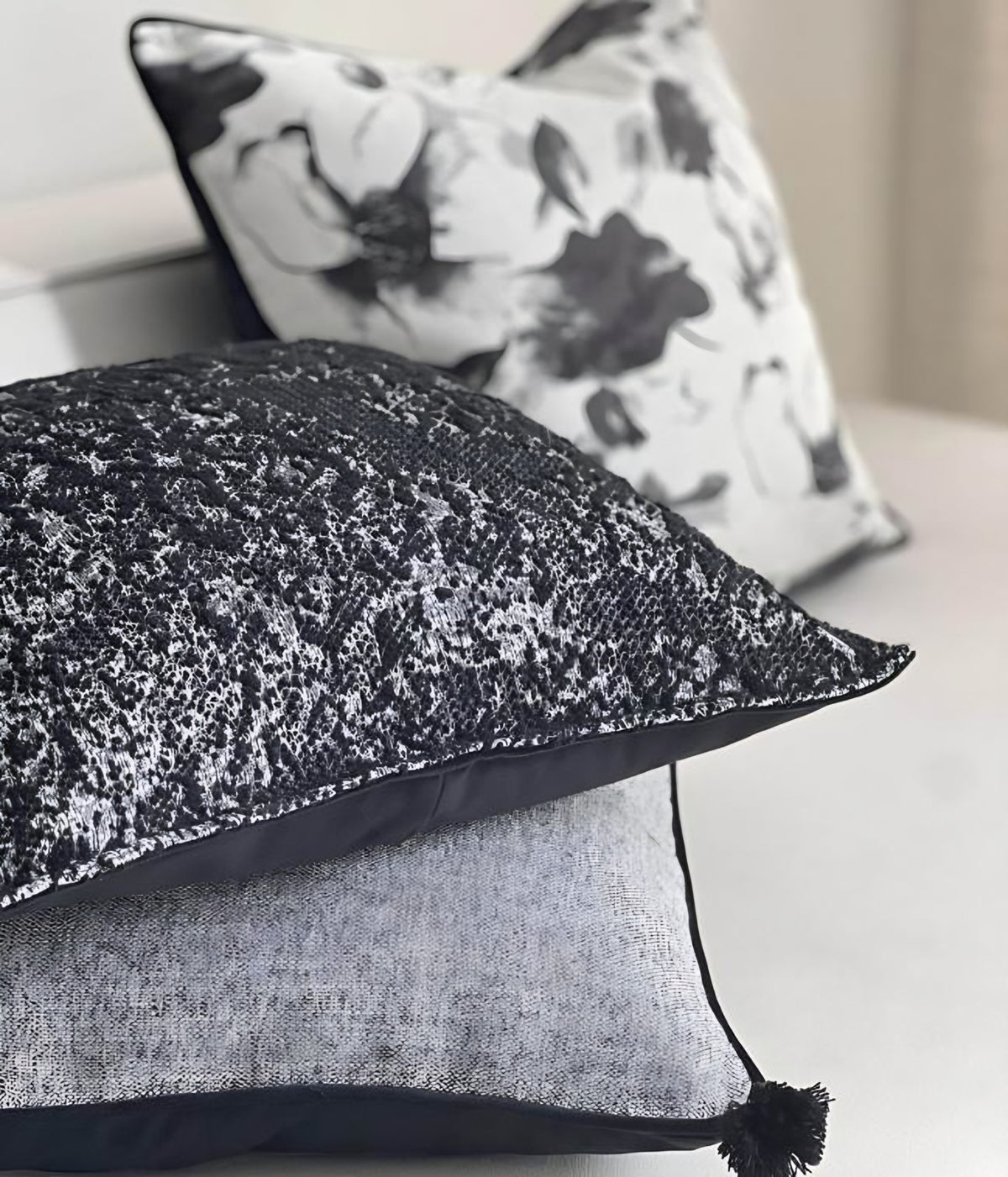 Black Crushed Jacquard Cushion Covers, styled at home