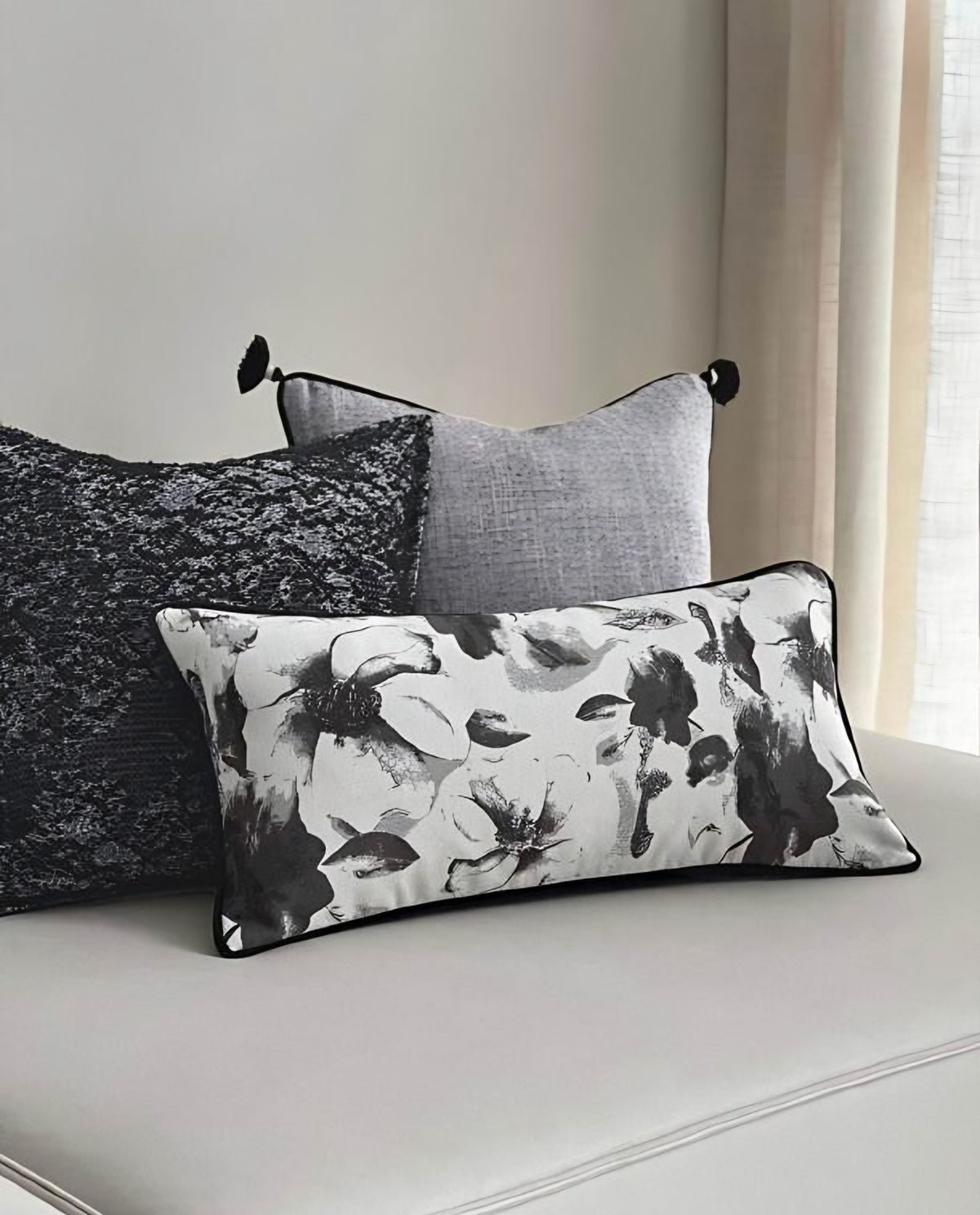 Black & White Floral Jacquard Cushion Covers, styled at home
