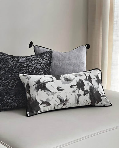 Black & White Floral Jacquard Cushion Covers, styled at home