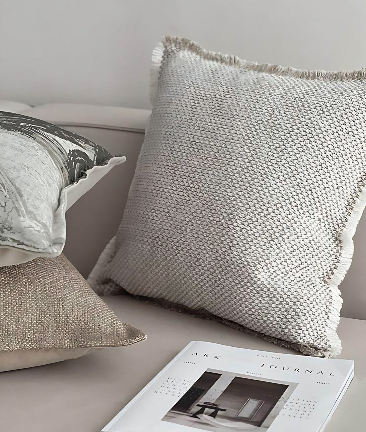 Blush Grey Fringed Woven Tassel Cushion Covers, styled at home