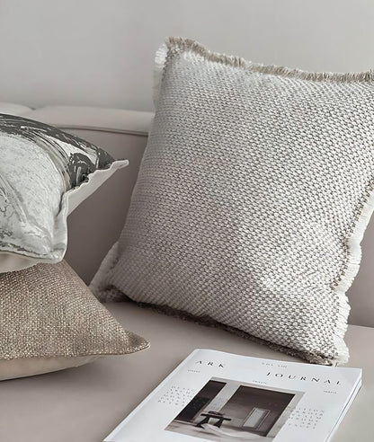 Blush Grey Fringed Woven Tassel Cushion Covers, styled at home
