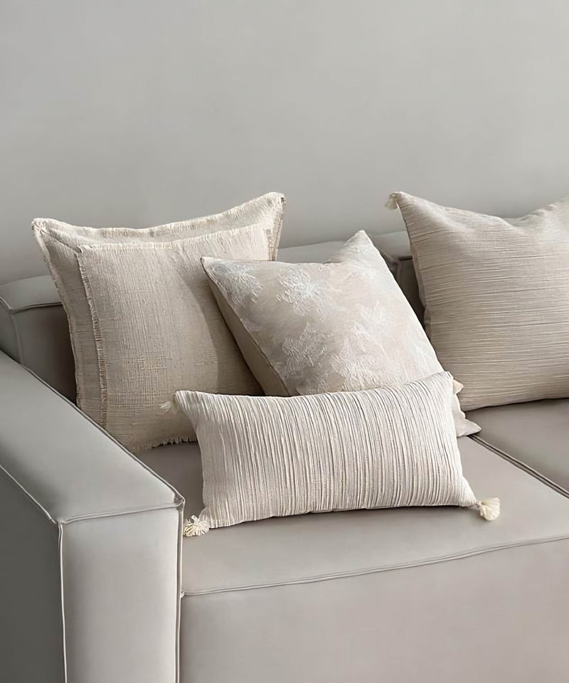 Cream Flanged Tassel Cotton Linen Cushion Covers, styled at home