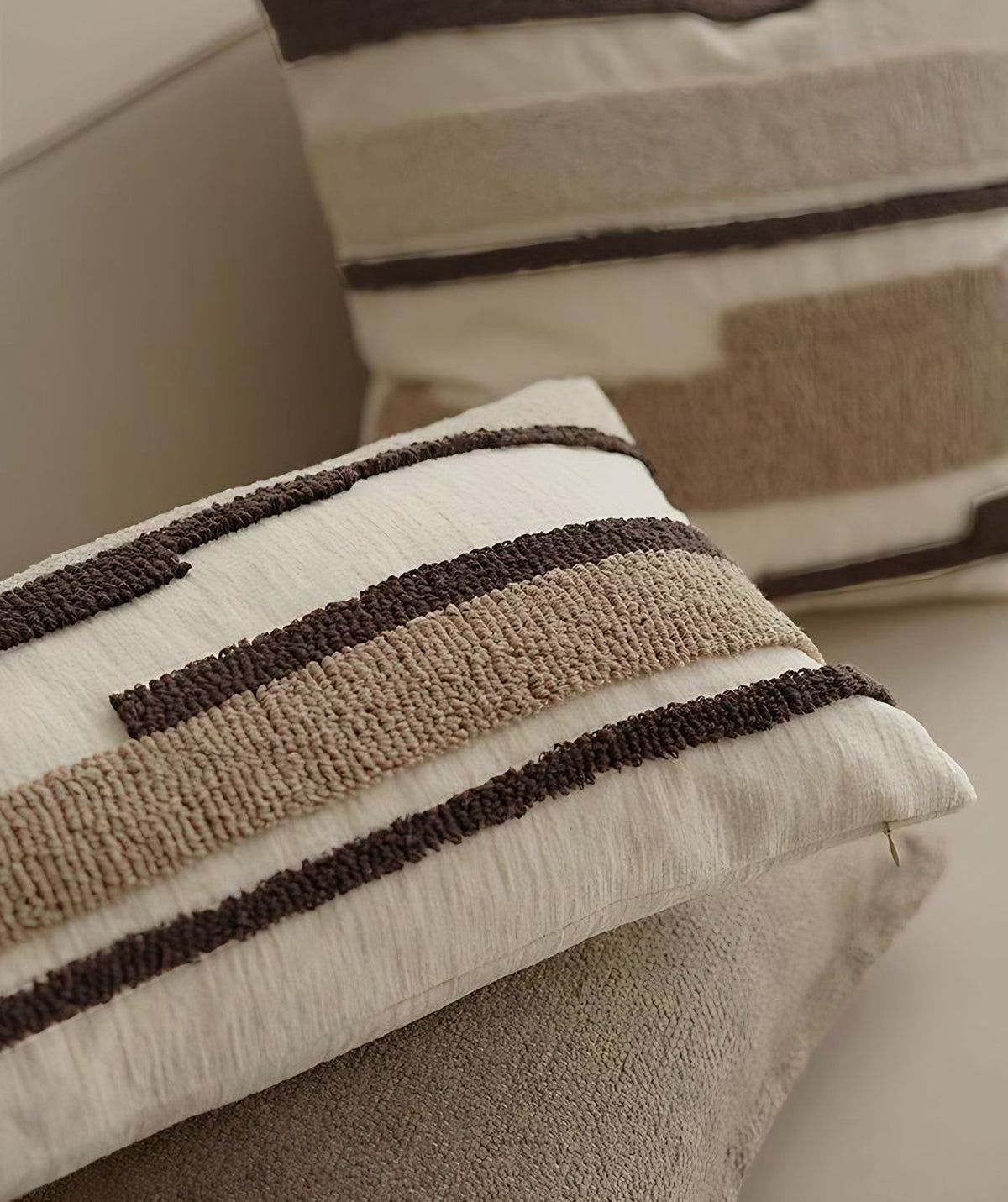 Ivory & Brown Brushstroke Embroidery Cushion Covers, styled at home