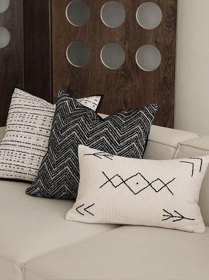 Black & Ivory Chevron Jacquard Cushion Covers, styled at home