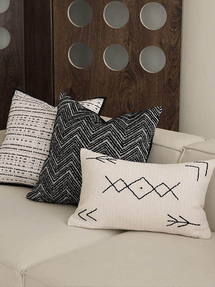 Black & Ivory Chevron Jacquard Cushion Covers, styled at home