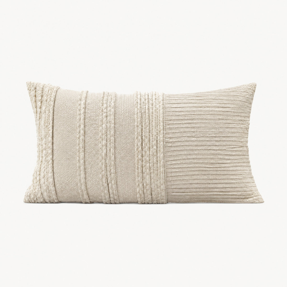 Ivory Banded Hand-Woven Cotton Linen cushion cover, rectangular lumbar size with pintucked banding