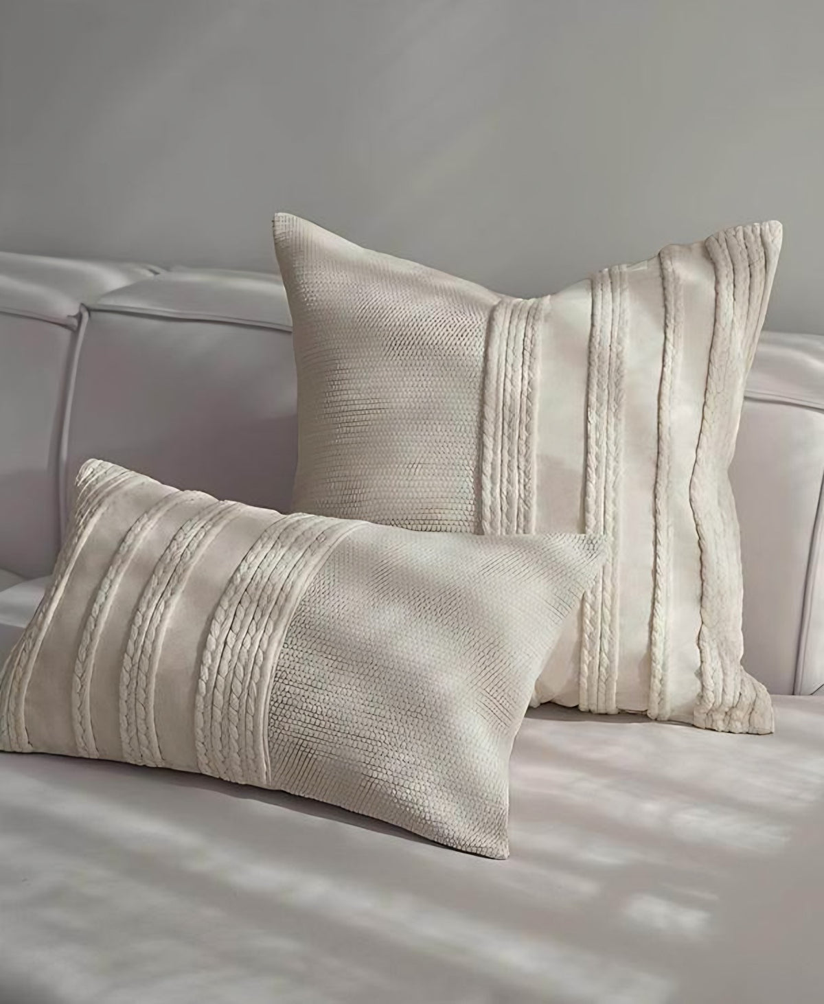 Ivory Banded Hand-Woven Cotton Linen Cushion Covers, styled at home