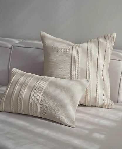 Ivory Banded Hand-Woven Cotton Linen Cushion Covers, styled at home