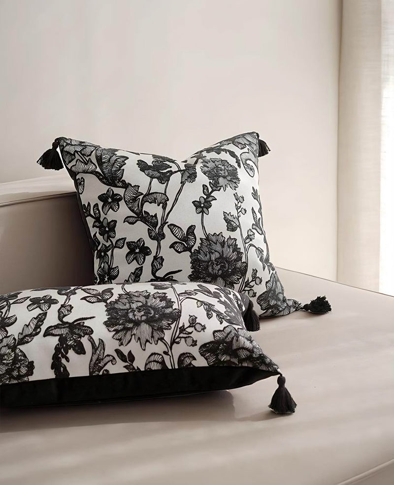 Ivory & Black Lace Jacquard Cushion Covers, styled at home