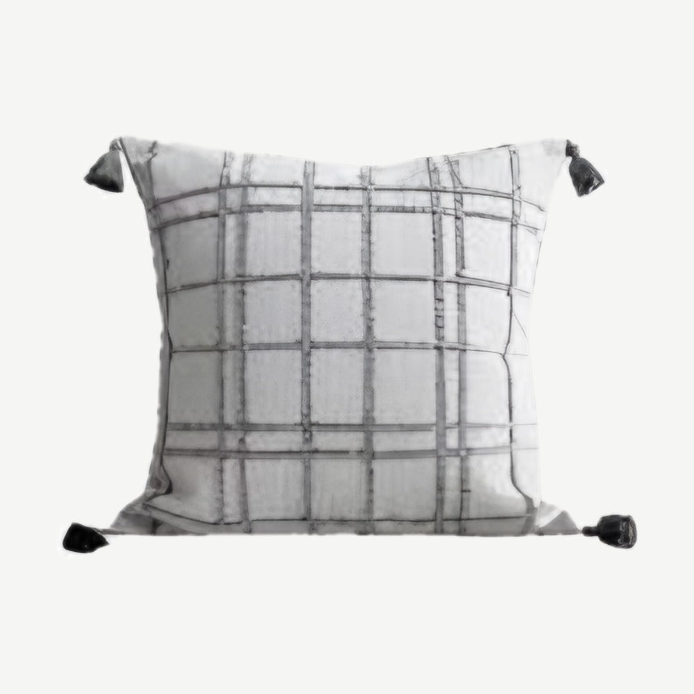 Grey Check Jacquard Tassel Cushion Covers