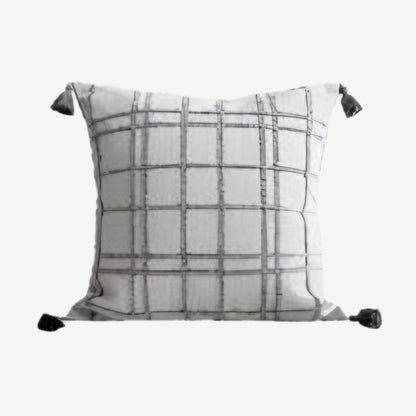 Grey Check Jacquard Tassel Cushion Covers