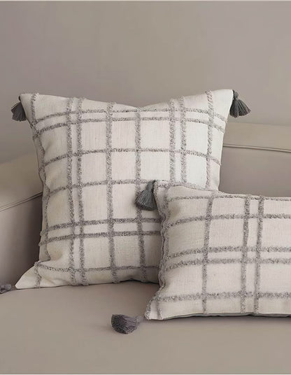 Grey Check Jacquard Tassel Cushion Covers, styled at home