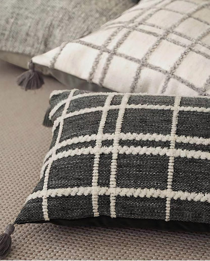 Charcoal Check Jacquard Tassel Cushion Covers, styled at home