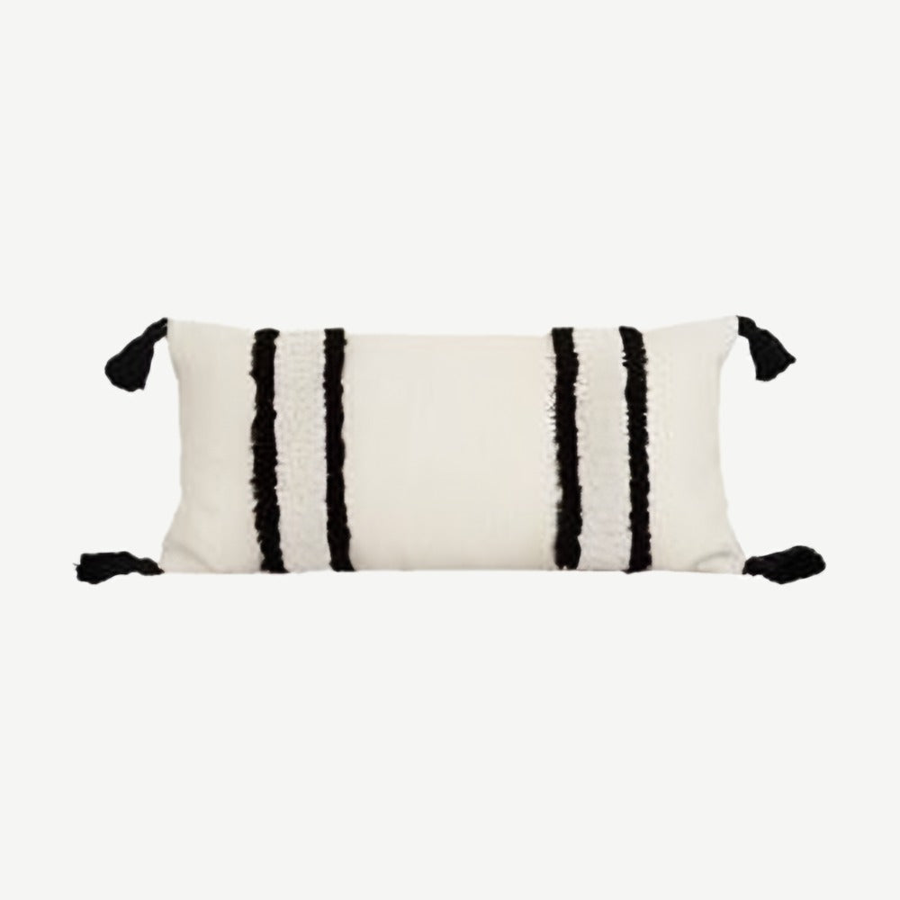 Ivory & Black Banded Tufted Embroidery Lumbar Cushion Covers