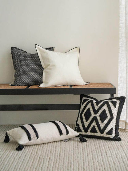 Ivory & Black Banded Tufted Embroidery Lumbar Cushion Covers, styled at home