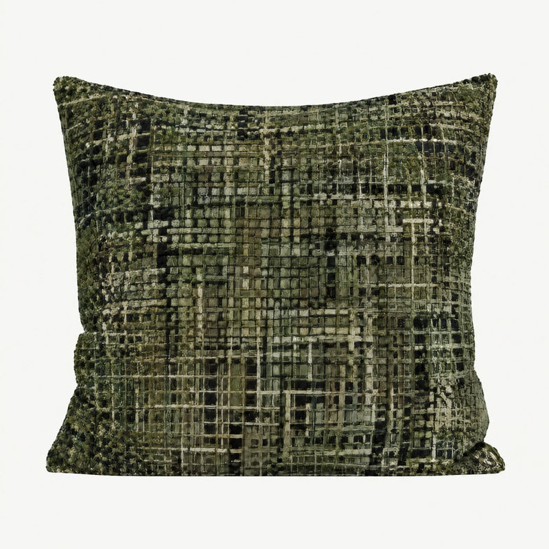 Green Tweed Jacquard cushion cover, square cover with olive, black and cream tweed-effect weave
