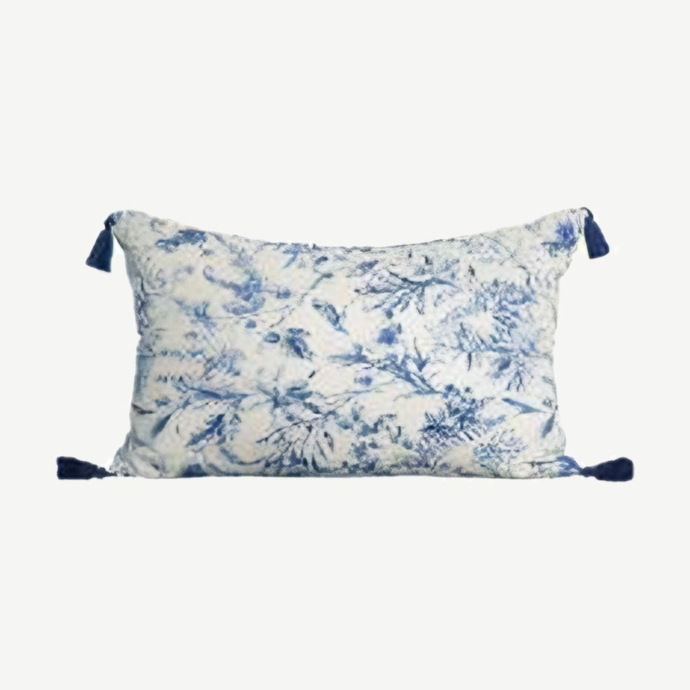 Ivory & Blue Printed Cotton Linen Lumbar Cushion Covers