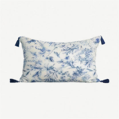Ivory & Blue Printed Cotton Linen Lumbar Cushion Covers