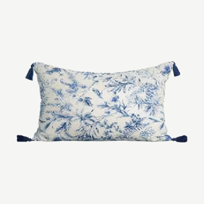 Ivory & Blue Printed Cotton Linen Lumbar Cushion Covers