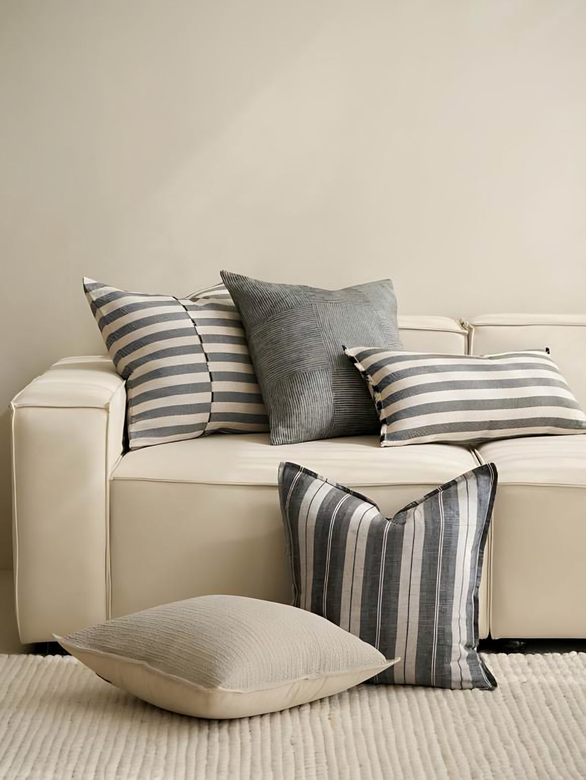 Charcoal Wide Stripe Jacquard Linen Cushion Covers, styled at home