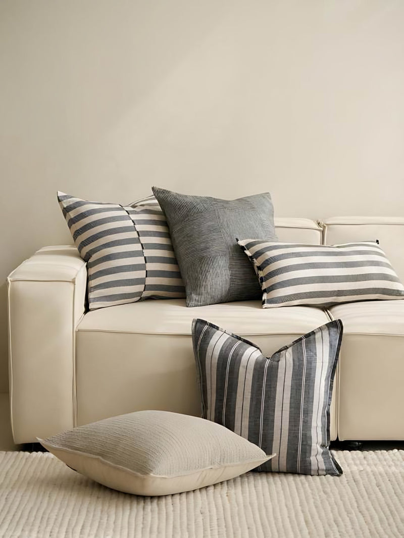 Charcoal Wide Stripe Jacquard Linen Cushion Covers, styled at home