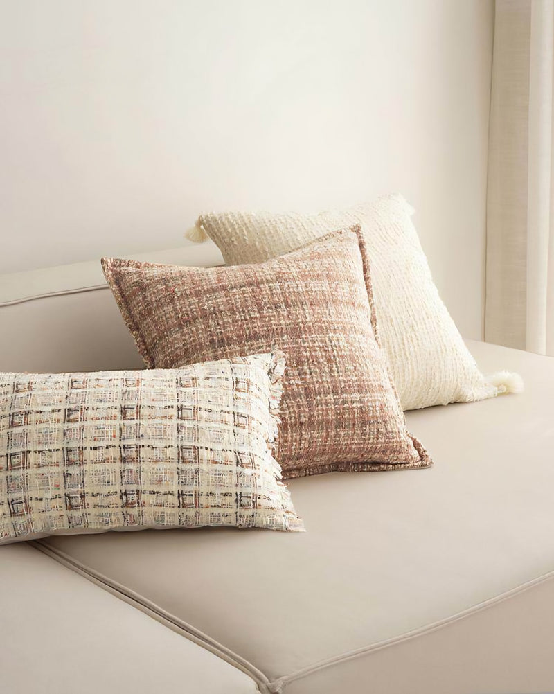 Ivory Bouclé Woven Tassel Cushion Covers, styled at home