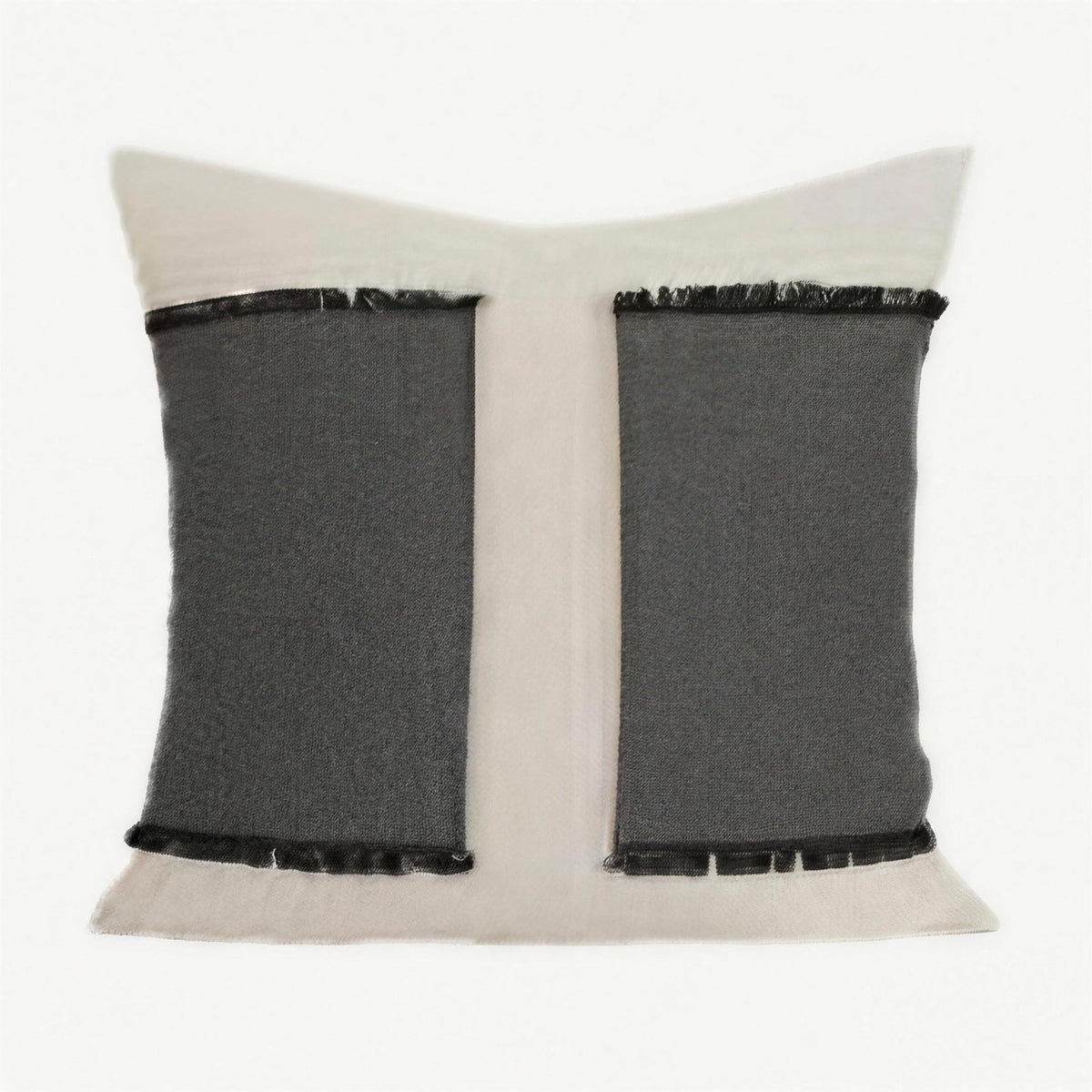 Ivory & Charcoal Fringed Embroidery Viscose Linen Cushion Covers
