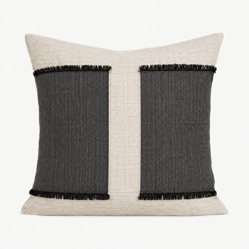 Ivory & Charcoal Fringed Embroidery Viscose Linen Cushion Covers