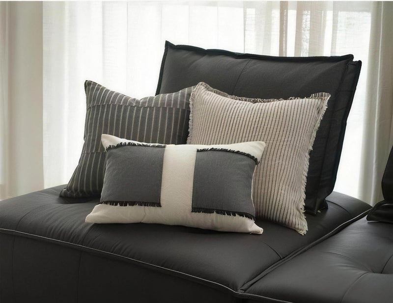 Ivory & Charcoal Fringed Embroidery Viscose Linen Cushion Covers, styled at home