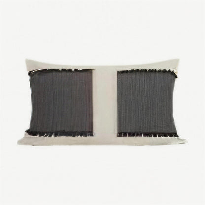 Ivory & Charcoal Fringed Embroidery Viscose Linen Lumbar Cushion Covers