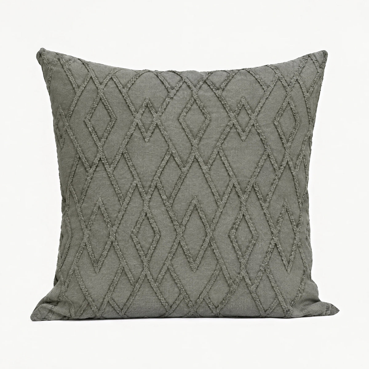 Sage Trellis Jacquard cotton cushion cover, square, in a muted grey-green with a raised diamond trellis