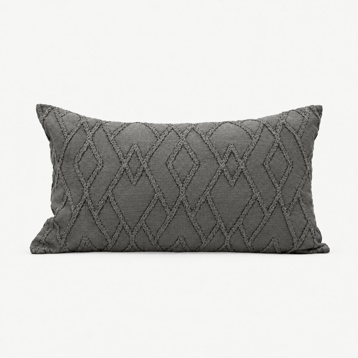Charcoal Trellis Jacquard cotton cushion cover in the rectangular lumbar size, showing the textured diamond weave