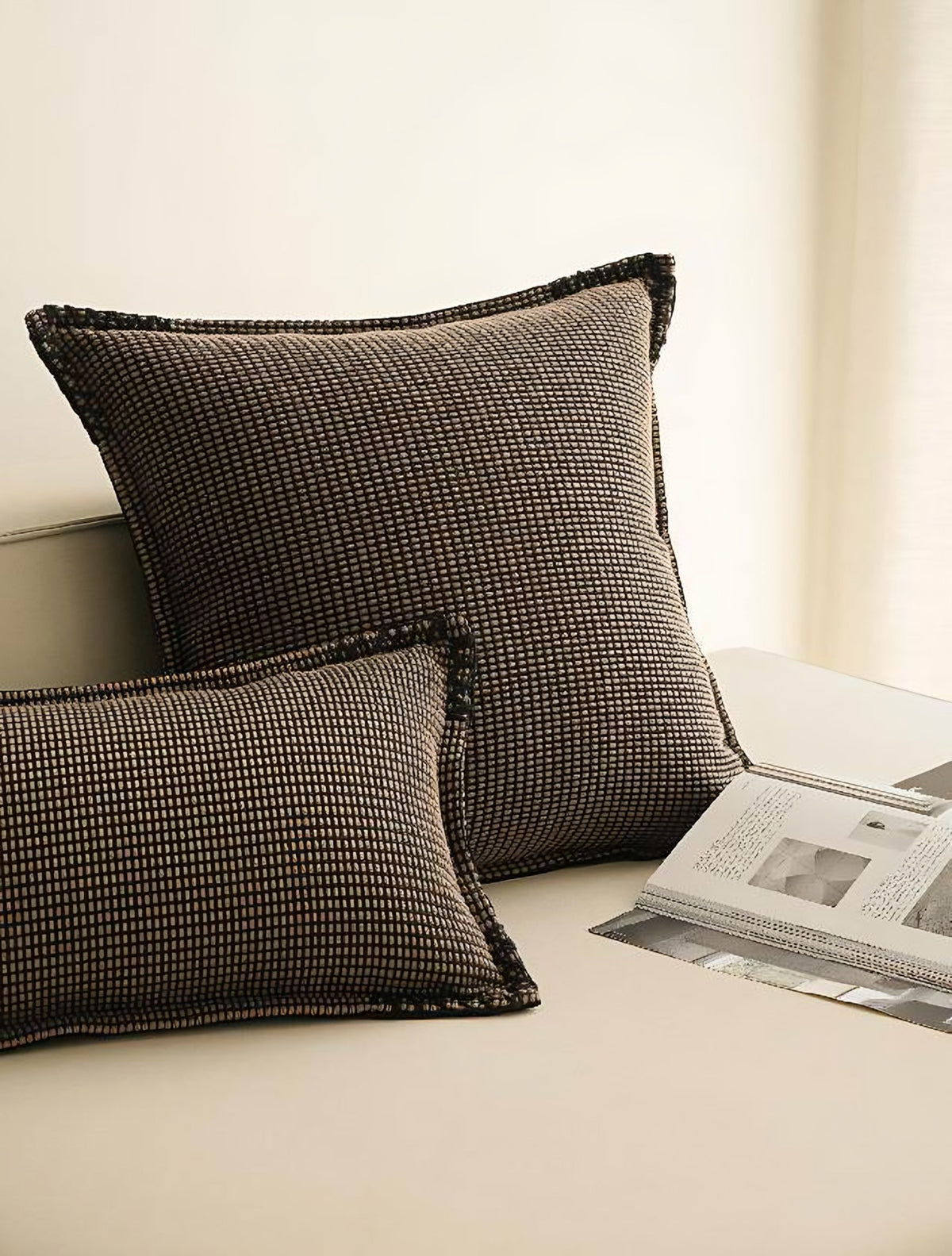 Chocolate Check Jacquard Cushion Covers, styled at home