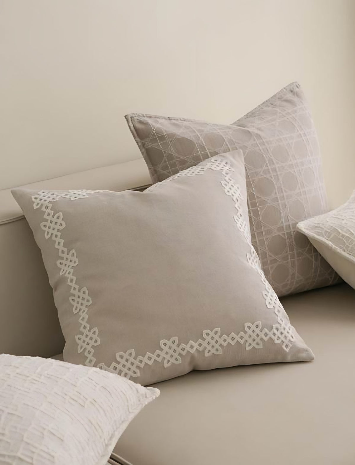 Natural Border Embroidery Cotton Linen Cushion Covers, styled at home