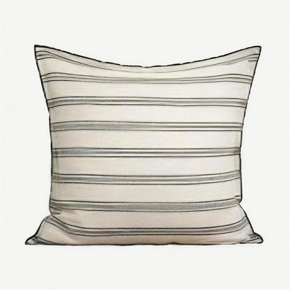 Ivory & Black Stripe hand-woven linen cushion cover, square, with grey and black stripes and dark piping
