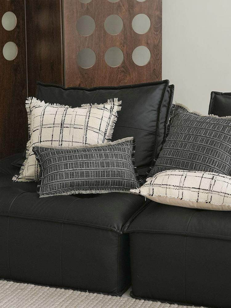 Charcoal Grid Embroidery Lumbar Cushion Covers, styled at home