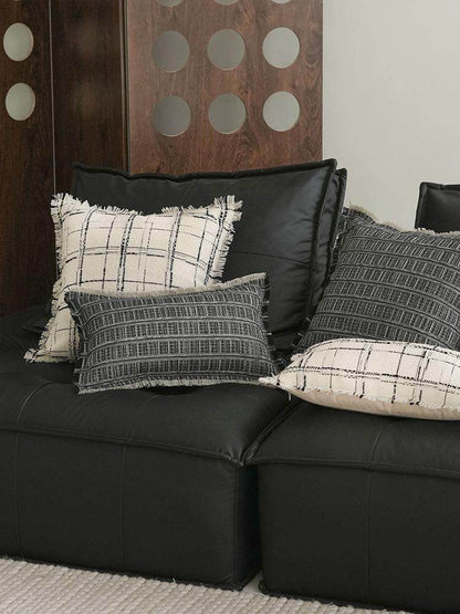 Charcoal Grid Embroidery Lumbar Cushion Covers, styled at home